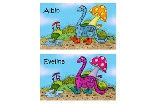 Blå och rosa dinosaurier med namn
